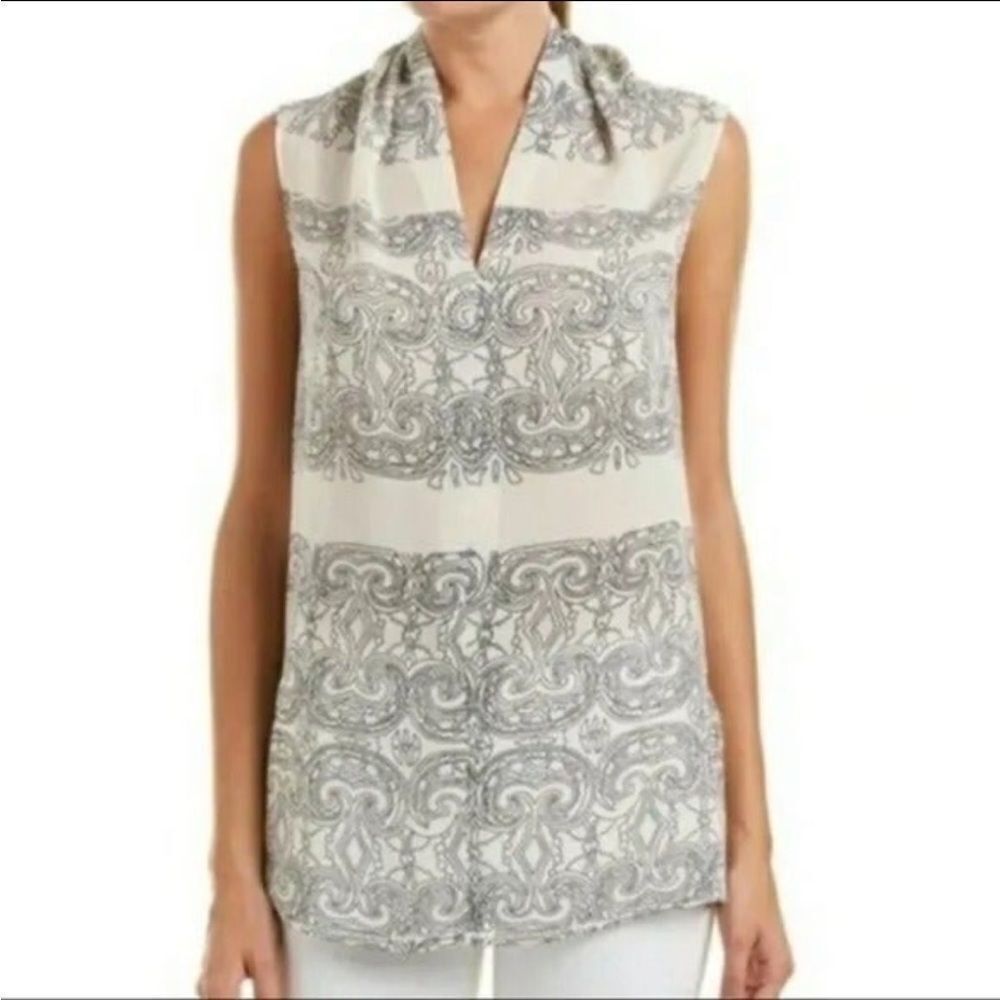 Cabi Scrollwork Priority Blouse Black White Sleeveless Semi Sheer Top Medium